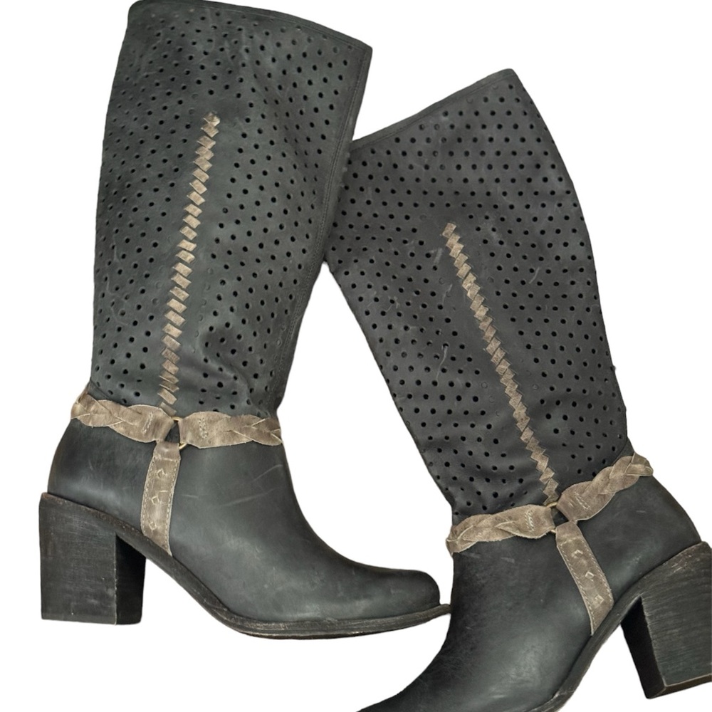 Chocolat Blu Chunky Perforated Bohemian Whipstitch Western Boots 6.5 Black Brown